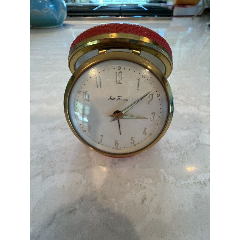 Vintage Seth Thomas Red Leather Clamshell Travel Alarm Clock Made in Germany